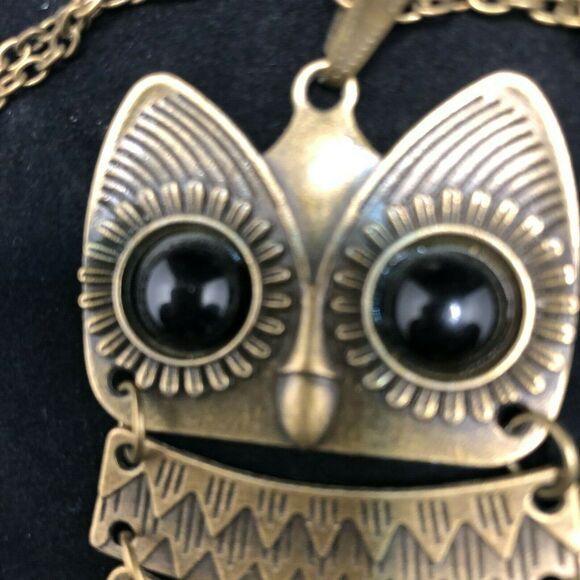 Golden Bronze Tone Tiered Owl Long Necklace Pendant Animal Jewelry Statement - Picture 3 of 4